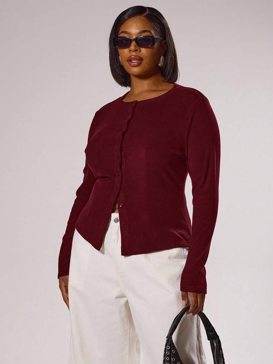 MUSERA Plus Size Button Down Fitted Long Sleeved Top   Elegant Classy Vacation Holiday Cute Holid... | SHEIN