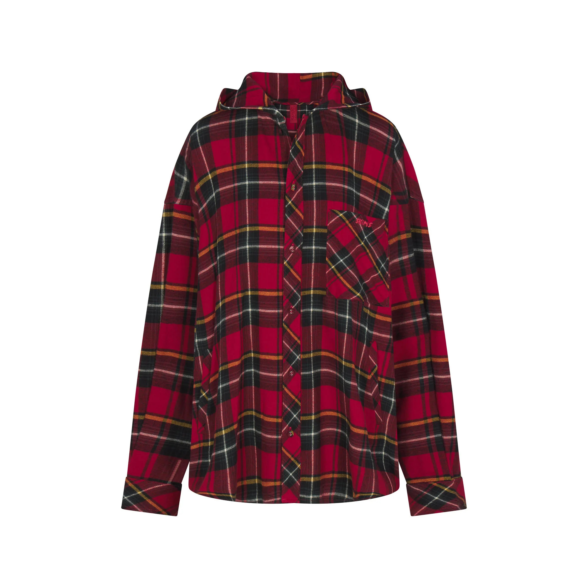 FLANNEL SLEEP OVERSIZED HOODED BUTTON UP SHIRT | RED HOLIDAY PLAID | SKIMS (US)