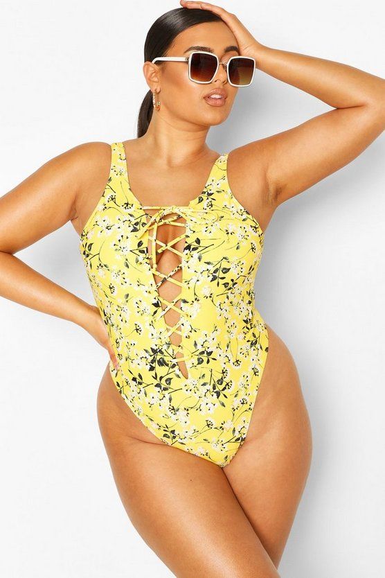 Plus Lace Up Detail Ditsy Floral Plunge Swimsuit | Boohoo.com (US & CA)
