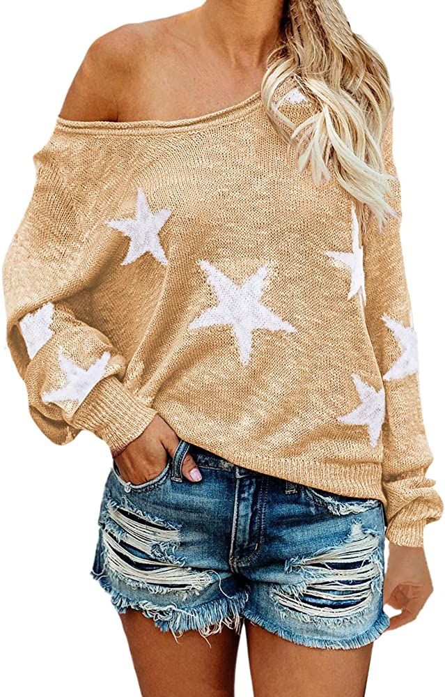 COCOLEGGINGS Women's Scoop Neck Long Sleeve Star Pullover Sweater Tunic Tops | Amazon (US)