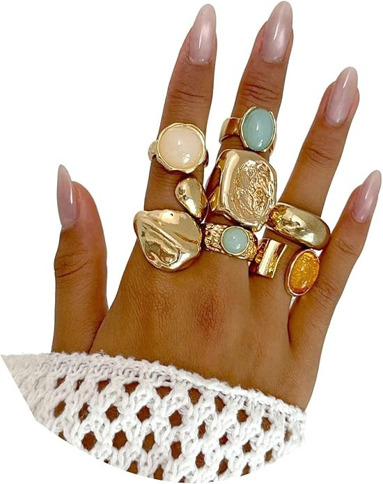 Chunky Gold Square Knuckle Finger Ring Set for Women,Vintage Colored Rhinestone Statement Finger ... | Amazon (US)