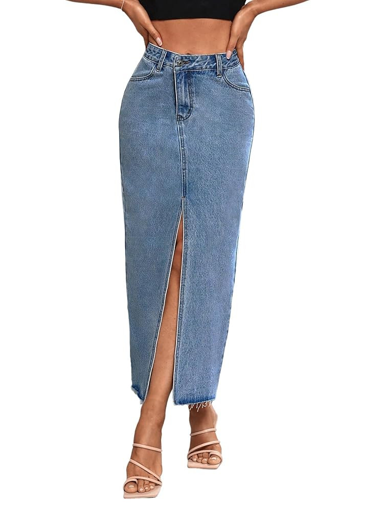 Women's High Waist Stretch Maxi Denim Skirt Front Split Frayed Raw Hem A line Casual Long Jean Sk... | Amazon (US)