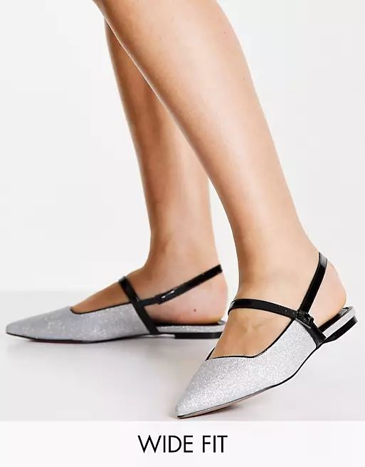ASOS DESIGN Wide Fit Lewin pointed mary jane flats in silver glitter | ASOS (Global)