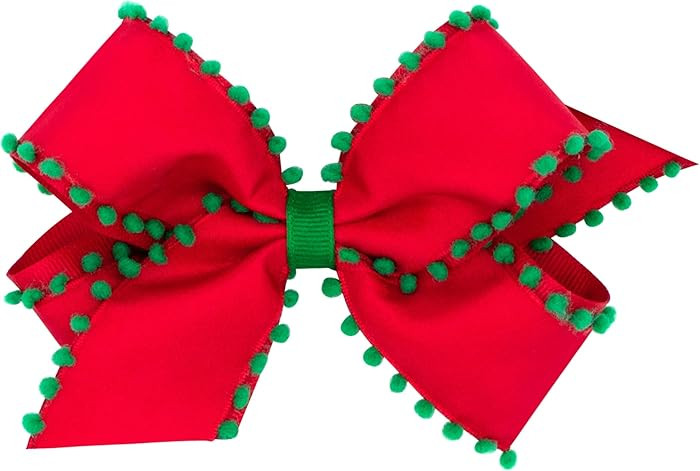 Wee Ones Girls' Holiday Style Pom-Pom Edge Grosgrain Overlay Hair Bow, Medium, Red with Green | Amazon (US)
