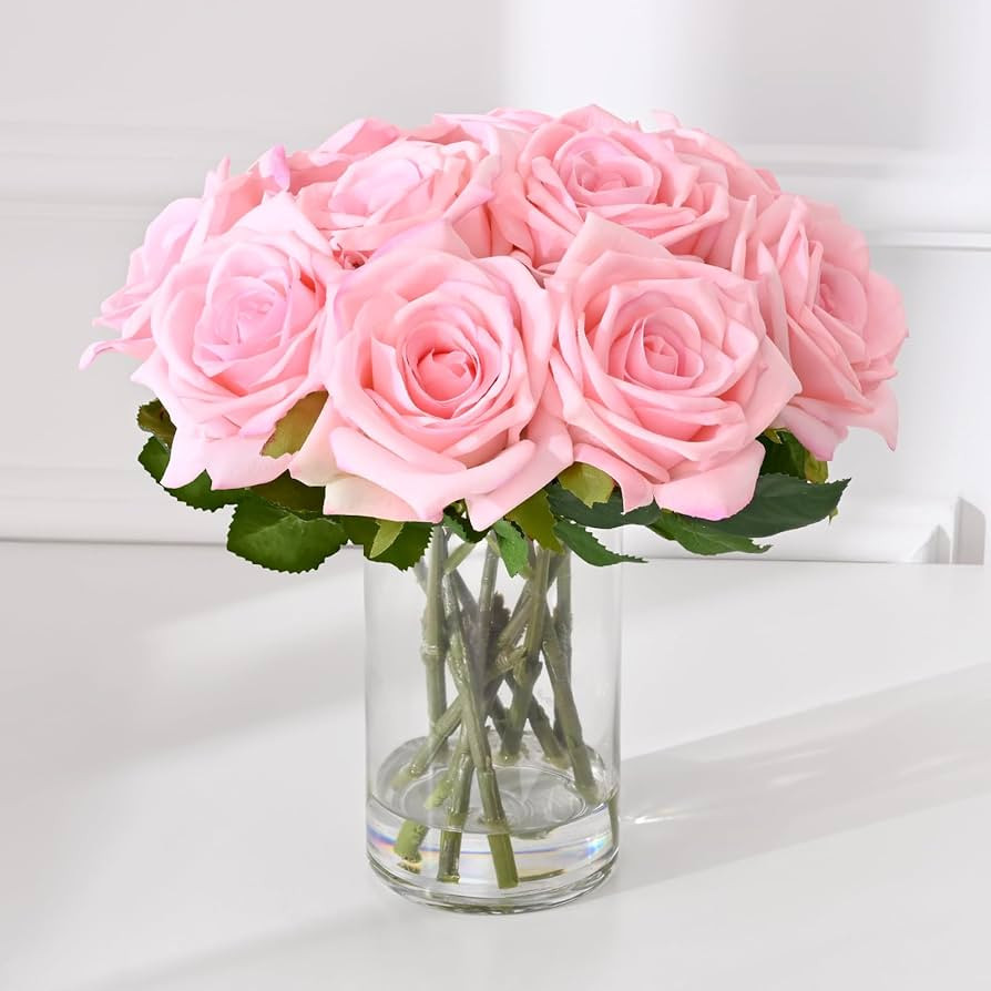 BLEUM CADE Luxury PU Fake Flowers in Vase with Faux Water, Pink Real Touch Roses Artificial Flowe... | Amazon (US)