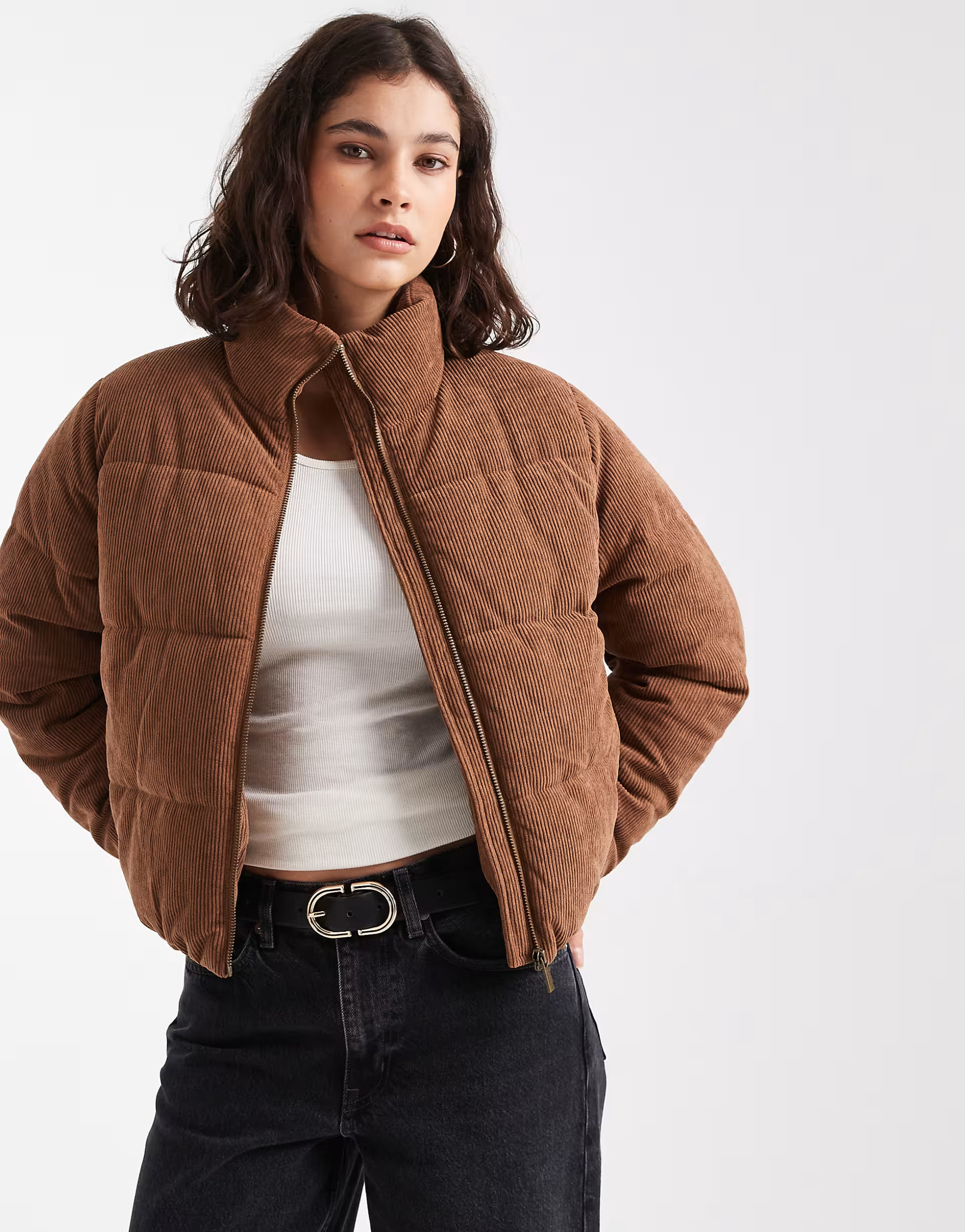 New Look cord cropped puffer jacket in tan | ASOS | ASOS (Global)