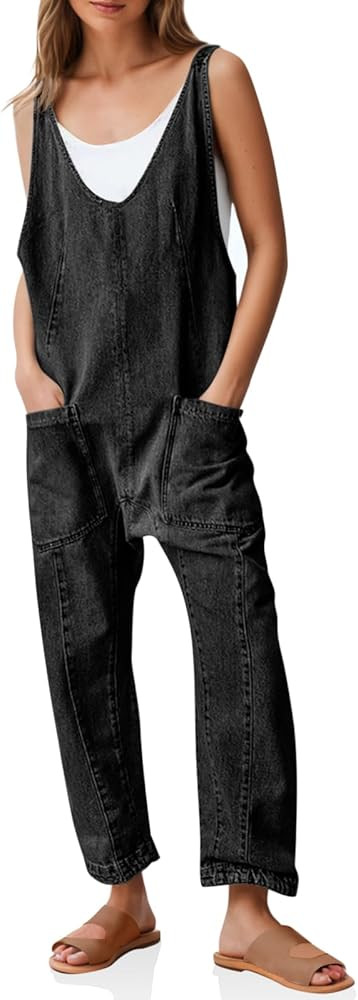 PLNOTME Women's Denim Overall Jumpsuits Sleeveless V Neck Adjustable Straps Jeans Long Pants Romp... | Amazon (US)