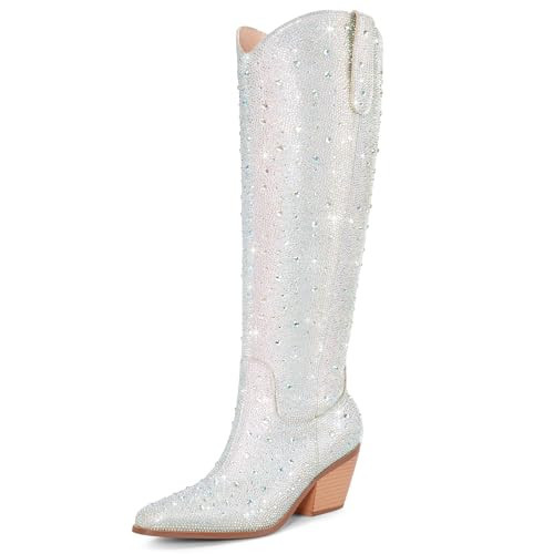 RONILURN Women Rhinestone Cowgirl Boots Cowboy Knee High Boots Sparkly Glitter Western Boots Bling Pointed Toe Chunky Heel Side Zippers Pull On | Amazon (US)