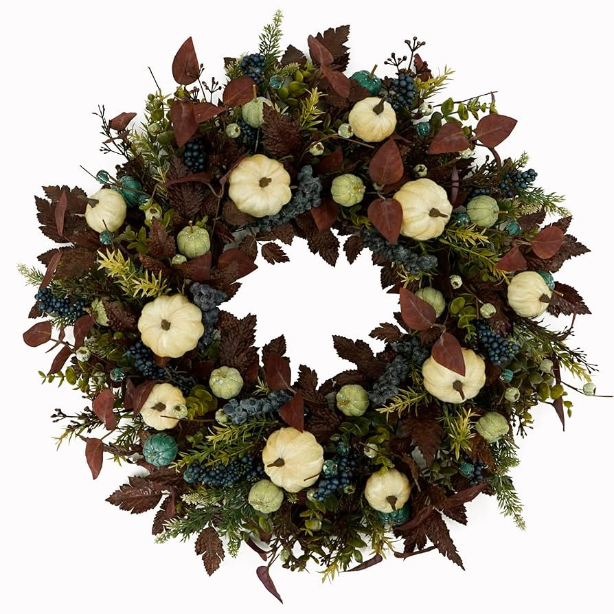 22" Fall Wreaths for Front Door Autumn Wreath with brown eucalyptus leaves,Cimicifuga Plant Leave... | Amazon (US)