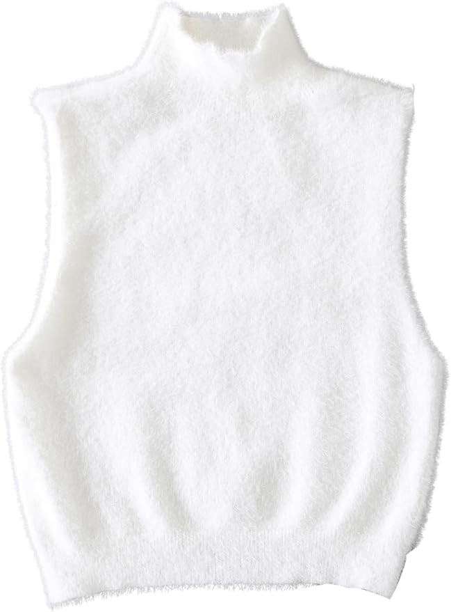 Women's Fuzzy Sweater Mock Neck Sleeveless Knitted Pullovers Crop Tank Top | Amazon (US)