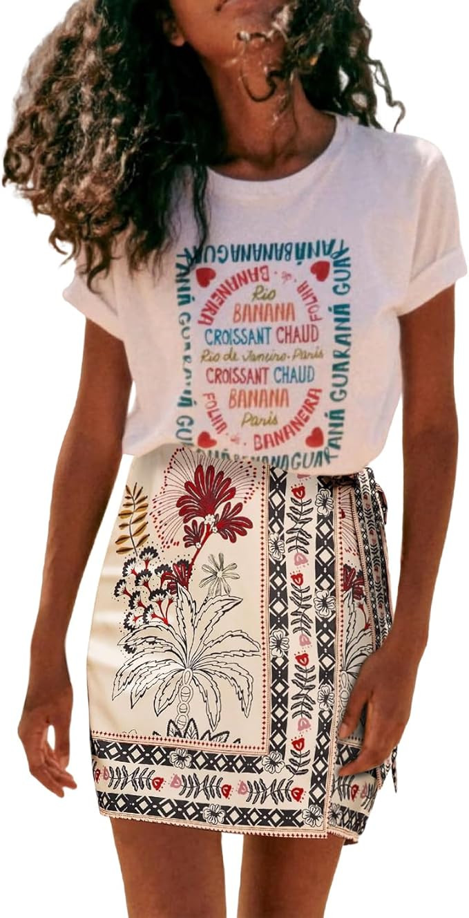 Womens Summer Floral Wrap Short Skirt Tie Side High Waist A Line Beach Vacation Boho Mini Skirt | Amazon (US)