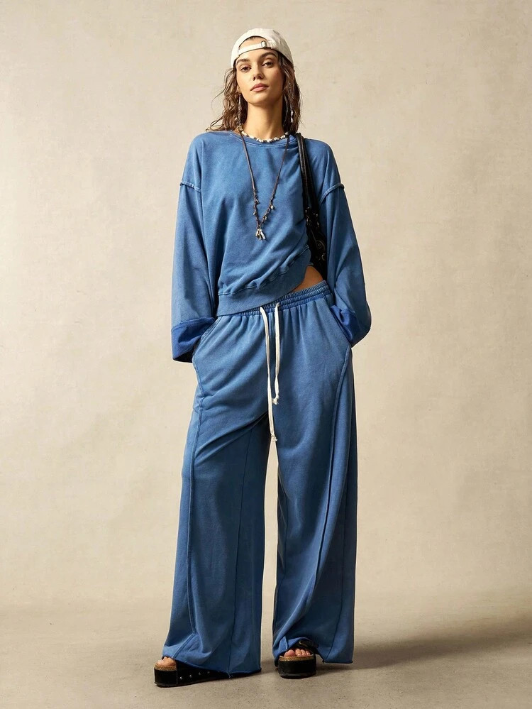 Bohemela 2pcs Women Casual Solid Color Knit Crew Neck Long Sleeve Loose T-Shirt & Wide Leg Pants Set, Suitable For Music Festival, Halloween, Autumn/Winter Blue | SHEIN