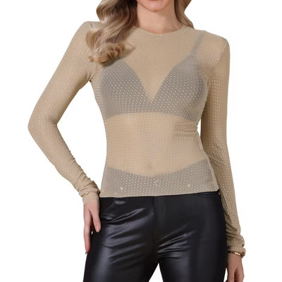 INSPIRE CHIC Women's Crew Neck Mesh Sheer Long Sleeve Sparkly Rhinestone Party Concert Tops Medium Nude | Target