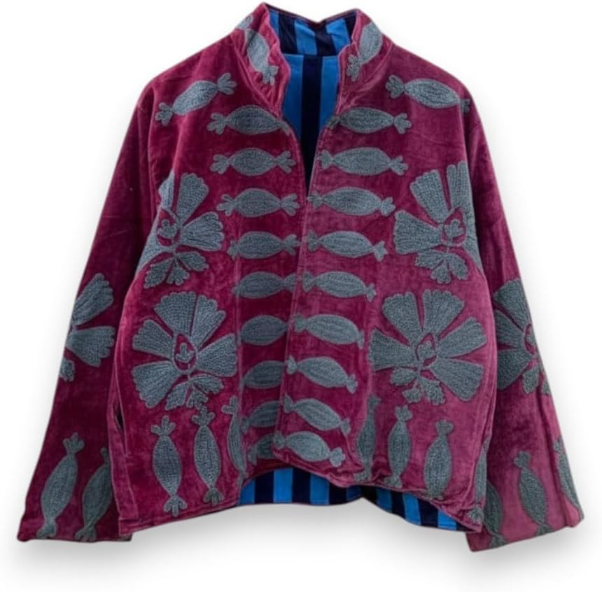 Velvet Embroidered Cropped Jacket, Floral Pattern, Open Front, Striped Lining, Boho Style | Amazon (US)