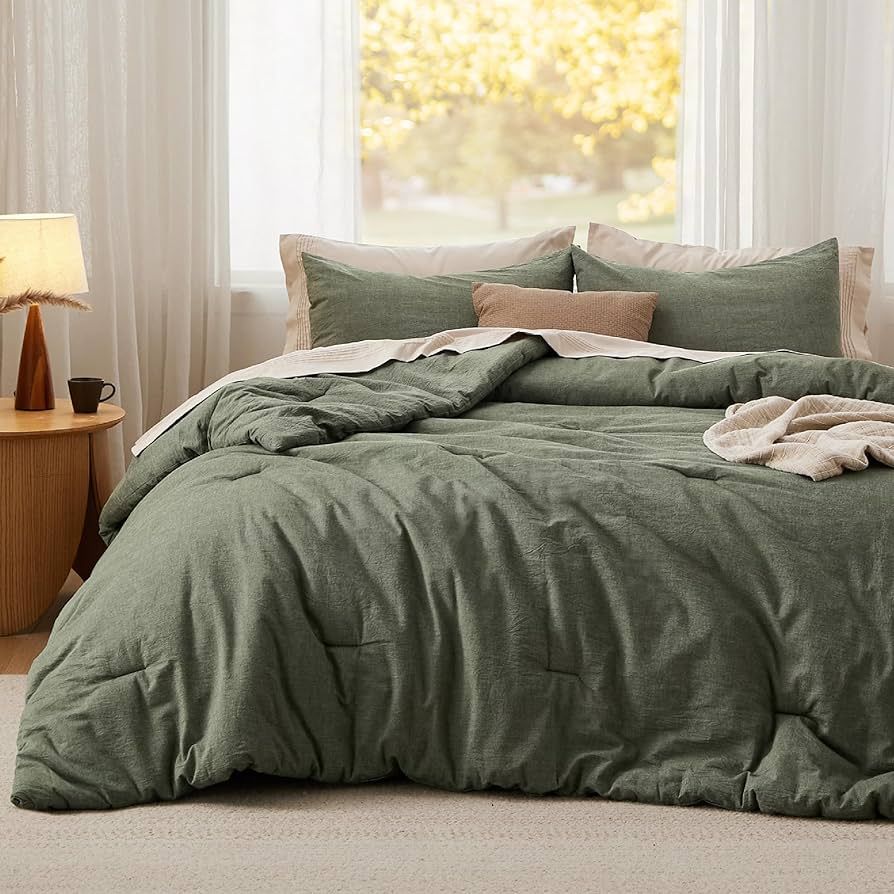 Bedsure Cotton Comforter Set Queen Size - Olive Green 100% Washed Cotton Comforter, Soft Bedding ... | Amazon (US)