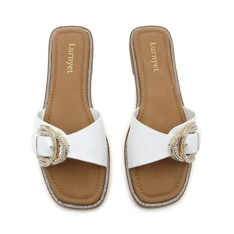 COM STAR Women’s Rhinestone Buckle Slide Sandals Open Toe Flat Slip-On Summer Casual Dressy San... | Walmart (US)