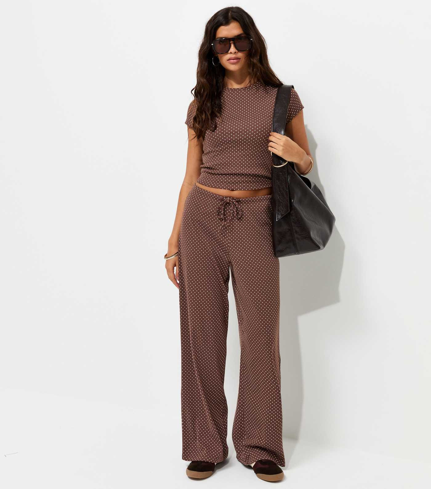 Brown Polka Dot Drawstring Wide Leg Trousers | New Look | New Look (UK)