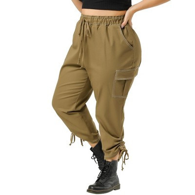 Women's Plus Size Lightweight Drawstring Elastic Waist Cargo Pants with Pockets - Agnes Orinda 2X Khaki | Target