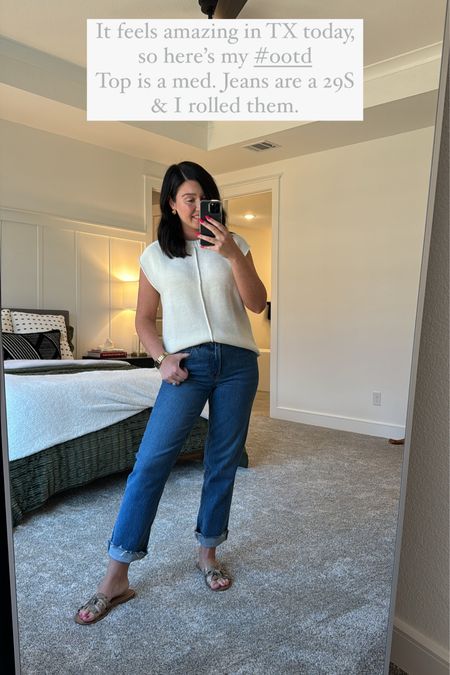 Warm weather outfit Inspo. Keeping it comfy and casual with these darker wash straight jeans, Amazon sandals and sleeveless sweater top  

#LTKmidsize #LTKstyletip
