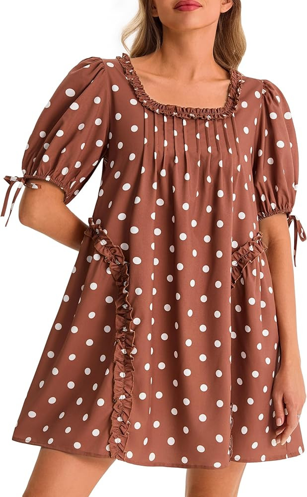 Wenrine Womens Babydoll Mini Dresses Casual Polka Dot Short Sleeve Square Neck Oversized Cute Sum... | Amazon (US)