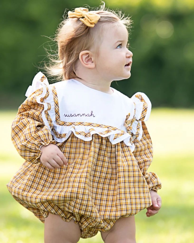 Mustard Plaid Ruffle Yoke Bubble | Smockingbird Kids