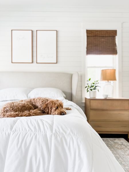 Master primary bedroom design home decor and accents duvet cover comforter down alternative over bed decor wall signs bamboo woven wood shades blinds oversized dresser nightstand Mercury glass lamps wingback headboard modern farmhouse style and design

#LTKhome #LTKstyletip #LTKFind