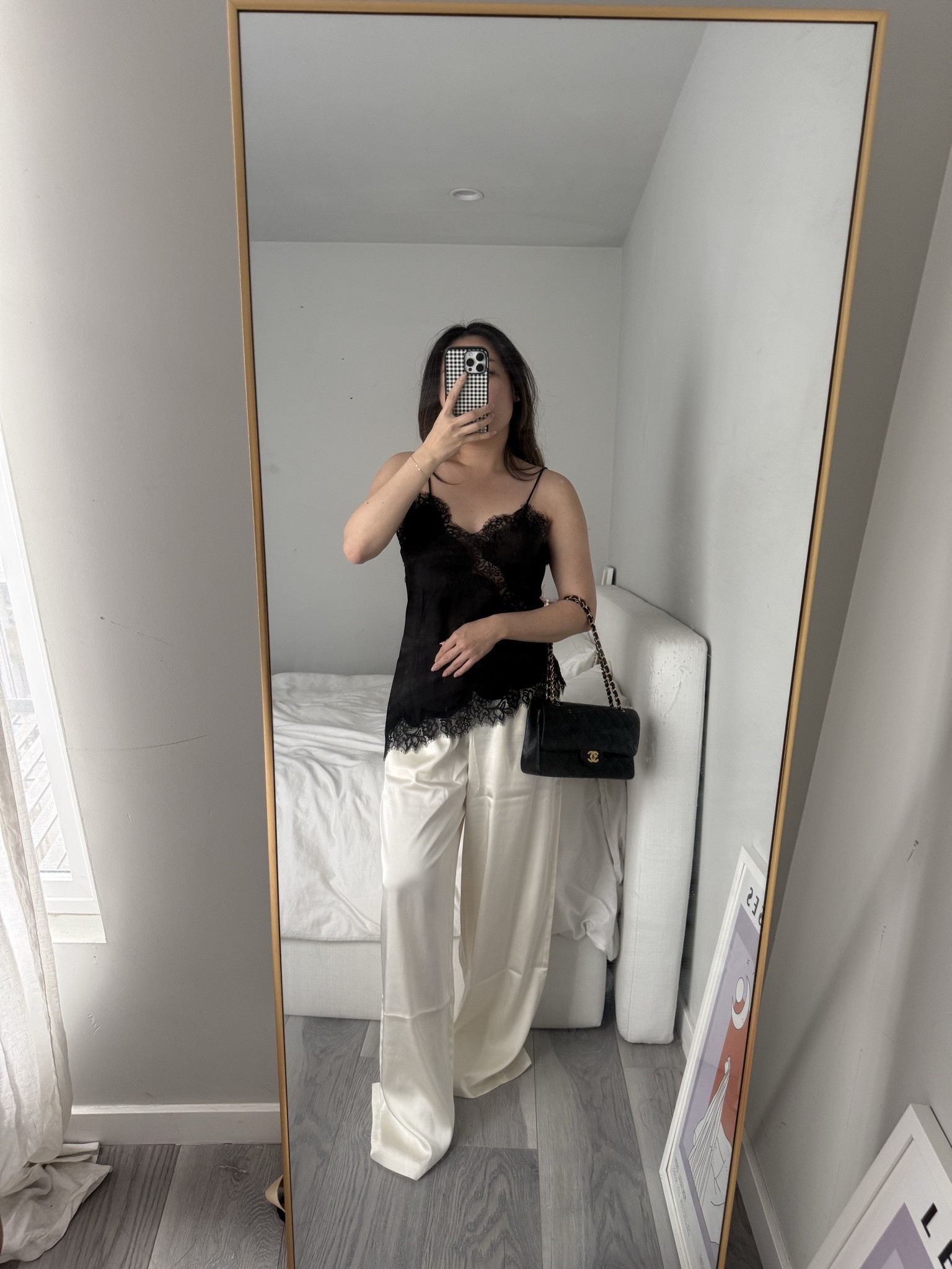 effortless chic outfit wearing the viral zara top! these satin pants are so comfy wearing size M