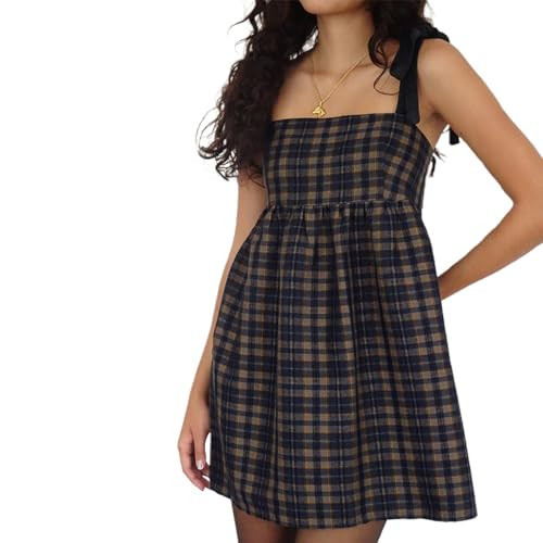 TRURENDI Women Y2k Gingham Mini Dress Short Sleeve Smocked Babydoll Mini Dress Flowy A-Line Club Dress Streetwear (Blue, M) | Amazon (US)