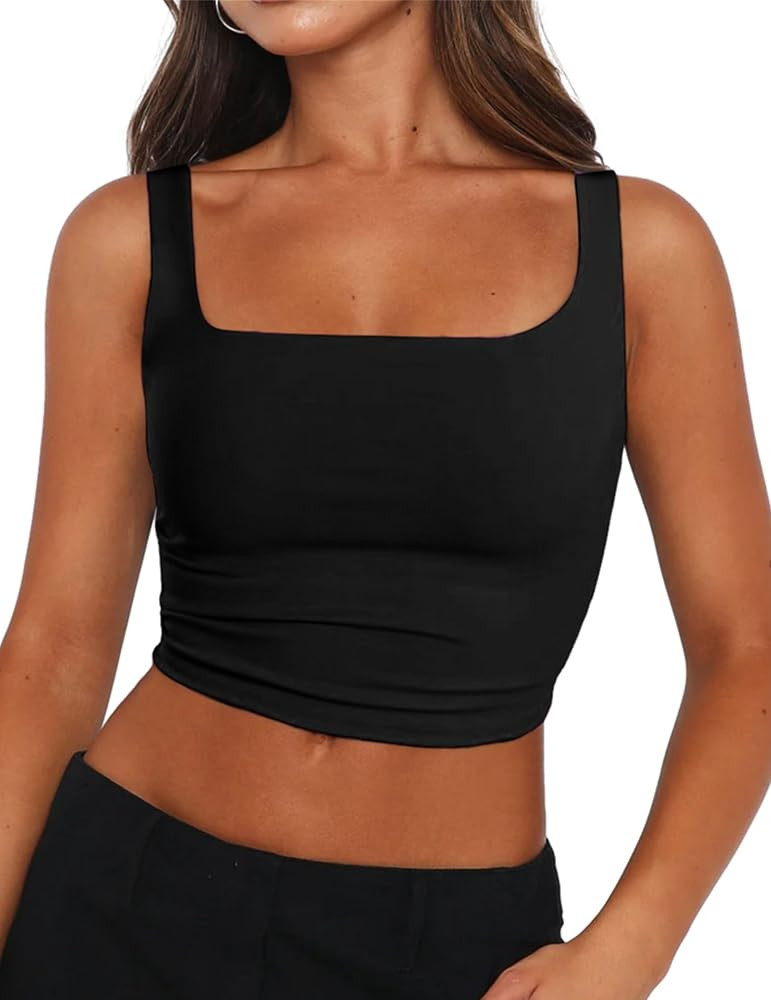Zeagoo Women's Square Neck Sleeveless Crop Tops 2026 Cute Double Layer Casual Slim Fit Trendy Tan... | Amazon (US)