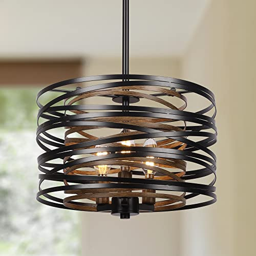 12.6'' Farmhouse Chandeliers for Dining Room, 3-Light Industrial Metal Hanging Light Fixture, Rustic Drum Pendant Light for Entryway Kitchen Foyer Bedroom, Black with Retro Wood Texture Interior | Amazon (US)