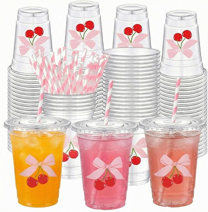 Sliner 25 Pcs 16 oz Coquette Disposable Plastic Cups with Straw for Party Supplies Bow Cups Birth... | Amazon (US)