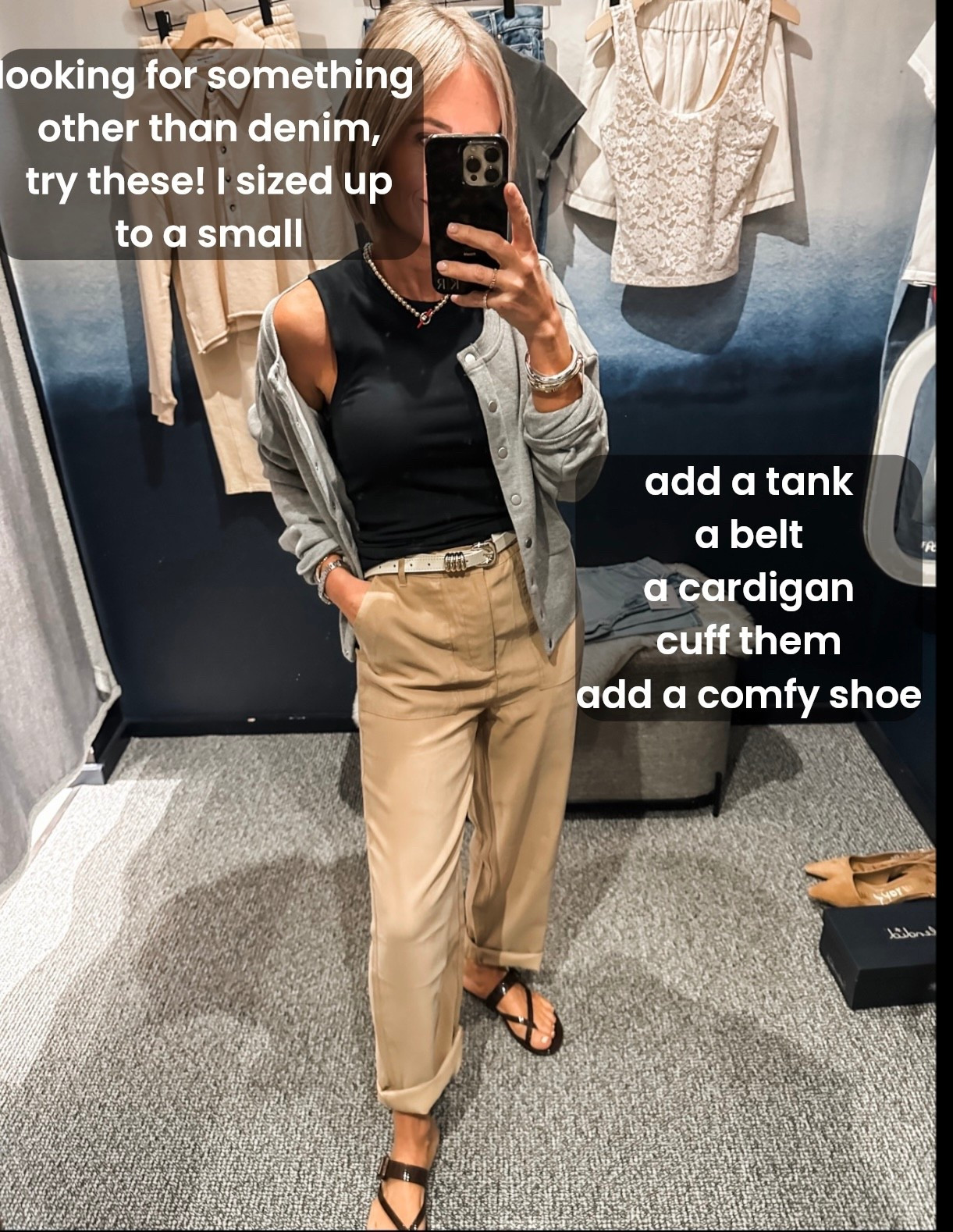Spring Outfit idea! 
These pants look best slightly oversized, so i sized up! They are cool & effortless and a fun alternative to jeans or leggings!
In a small pat, xs tank, small sweatshirt /cardigan, bigger shoe size in sandals

#LTKOver40 #LTKSaleAlert #LTKSpringSale