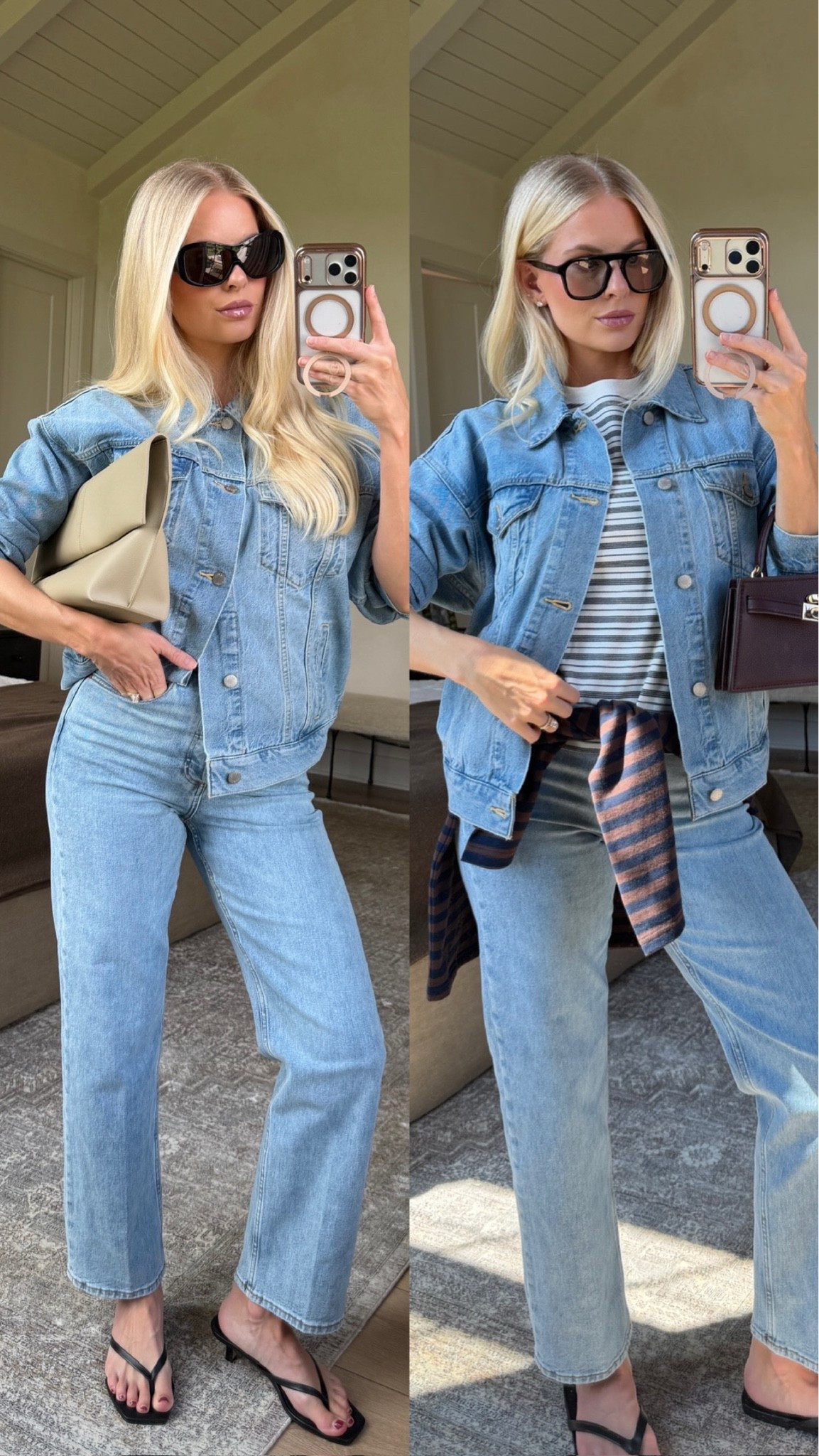 SIZE: 
Right - med in tees & jacket, 28 in jeans (sized up for pp - 7 Yrs Bleu Taboo), linked similar shoes & bags! 
Left - med in jacket, 28 in jeans (sized up for pp), both in color 7 yrs Bleu taboo. 
#kathleenpost Fall transition outfit, fall outfit Inspo, denim on denim

#LTKootd
