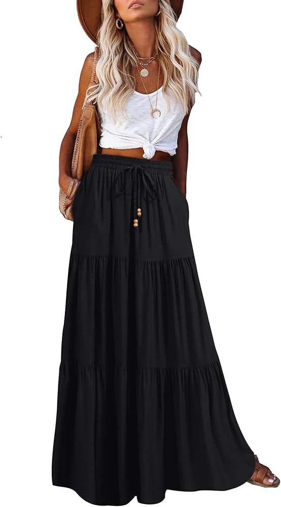 HAEOF Women's 2024 Summer Boho Elastic High Waist Maxi Skirt A-Line Flowy Ruffle Tiered Long Beac... | Amazon (US)