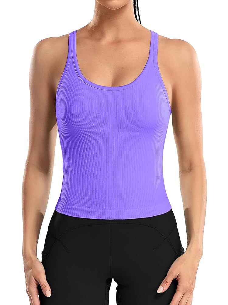 ATTRACO Women Ribbed Workout Crop Tops with Built in Bra Yoga Racerback Tank Top Tight Fit | Amazon (US)