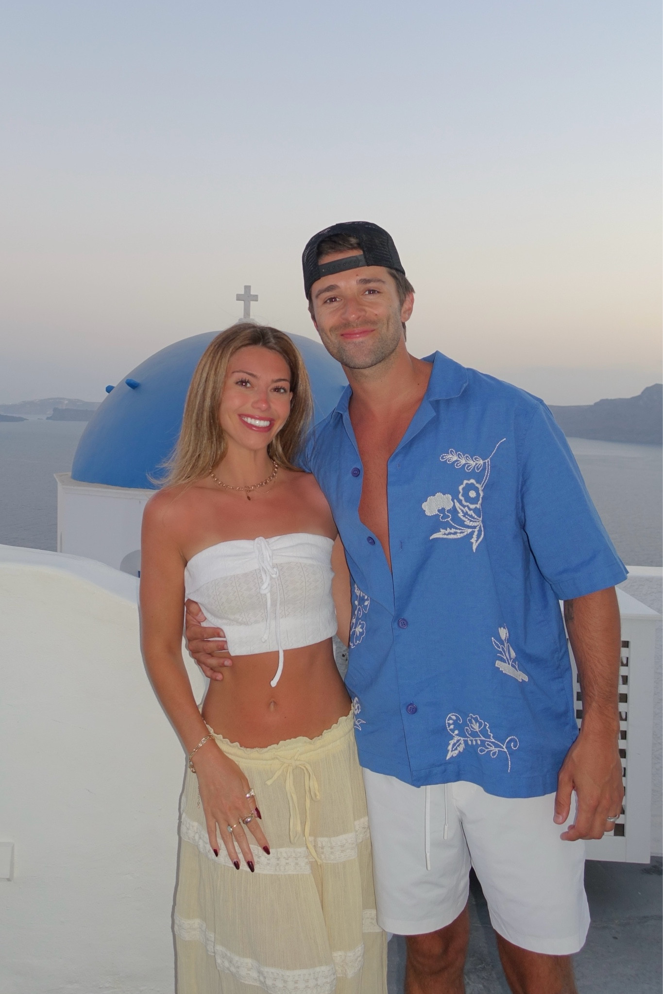 Blue shirt + white shorts