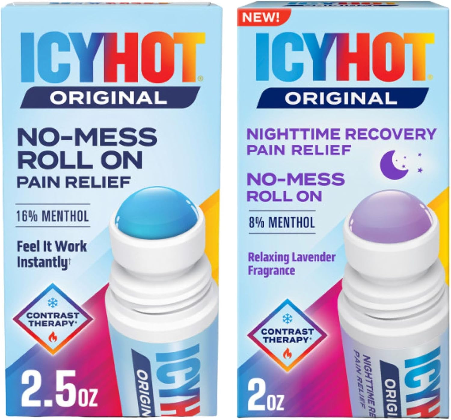 Icy Hot Original (2.5 oz.) & Nighttime Recovery (2 oz.) Pain Relief No-Mess Roll-On Applicator, Fast-Acting Pain Relief, Contrast Therapy for Backaches, Joints, Muscle Strains and Arthritis | Amazon (US)