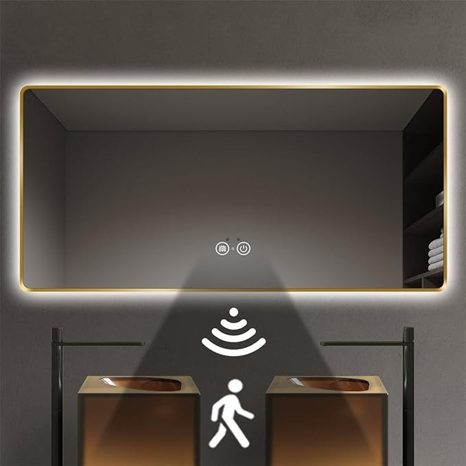Gold LED Bathroom Mirror, 30"x40" Smart Mirror with Infrared Motion Sensor Lights, Anti Fog, Step... | Amazon (US)