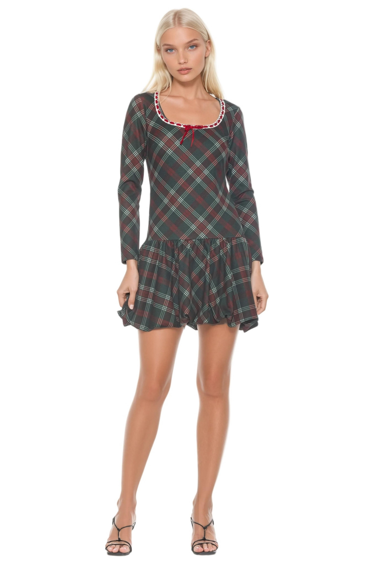 Alexia Admor Women's Rach Plaid Scoop Neck Lace Insert Detail With Bow Dress - Green plaid | Macy's