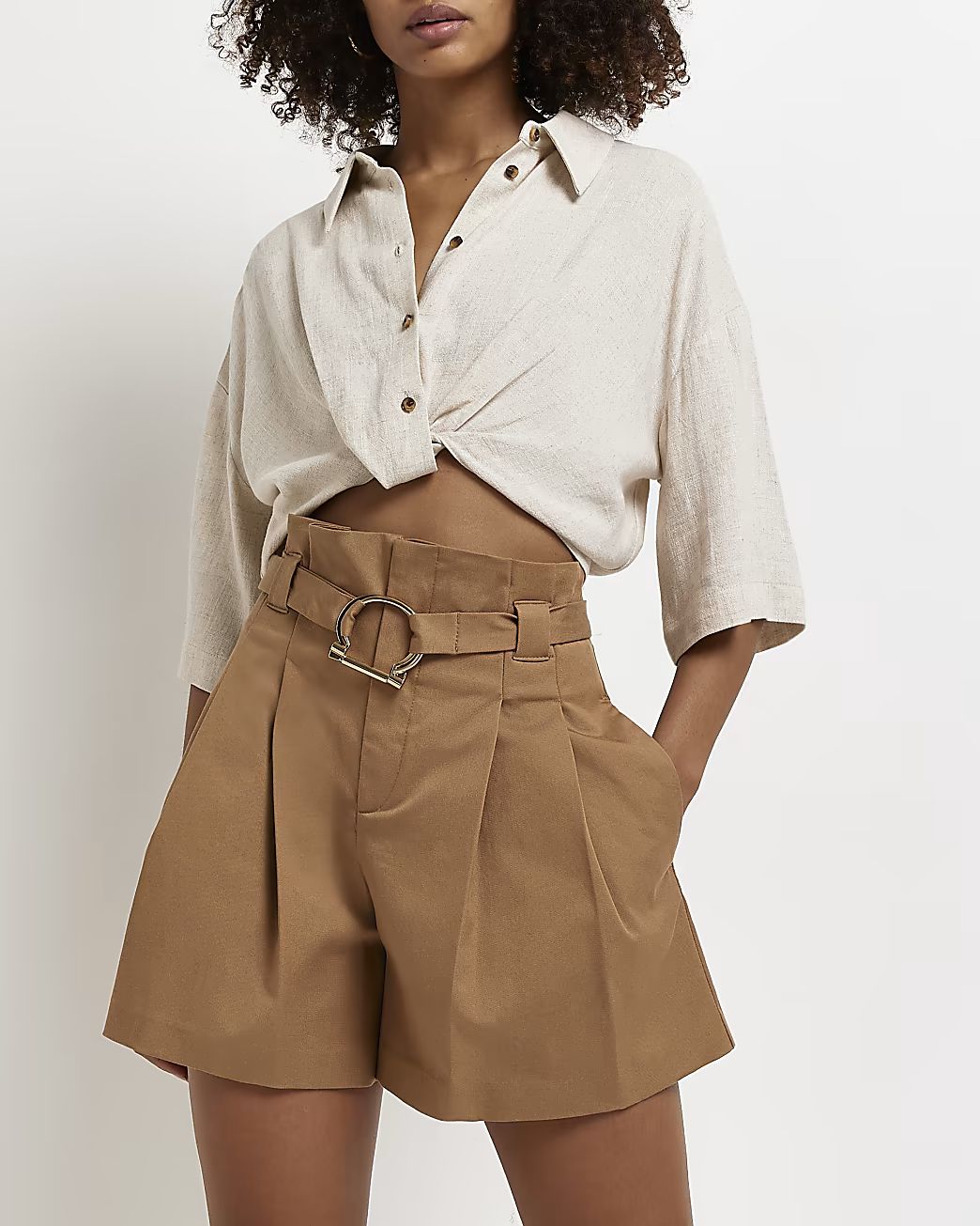 River Island Womens Brown Belted Paper Bag Shorts | River Island (US)