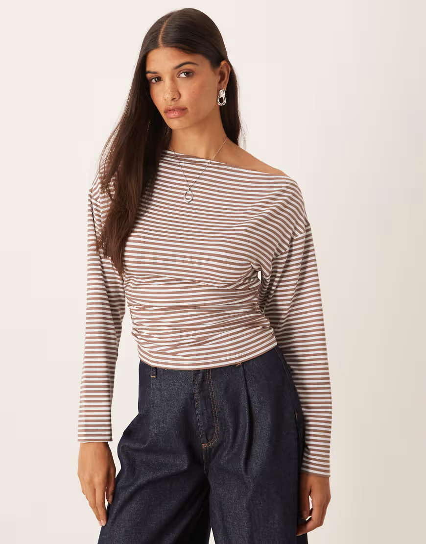 ASOS DESIGN stripe cinched asymmetric long sleeve top in brown | ASOS (Global)