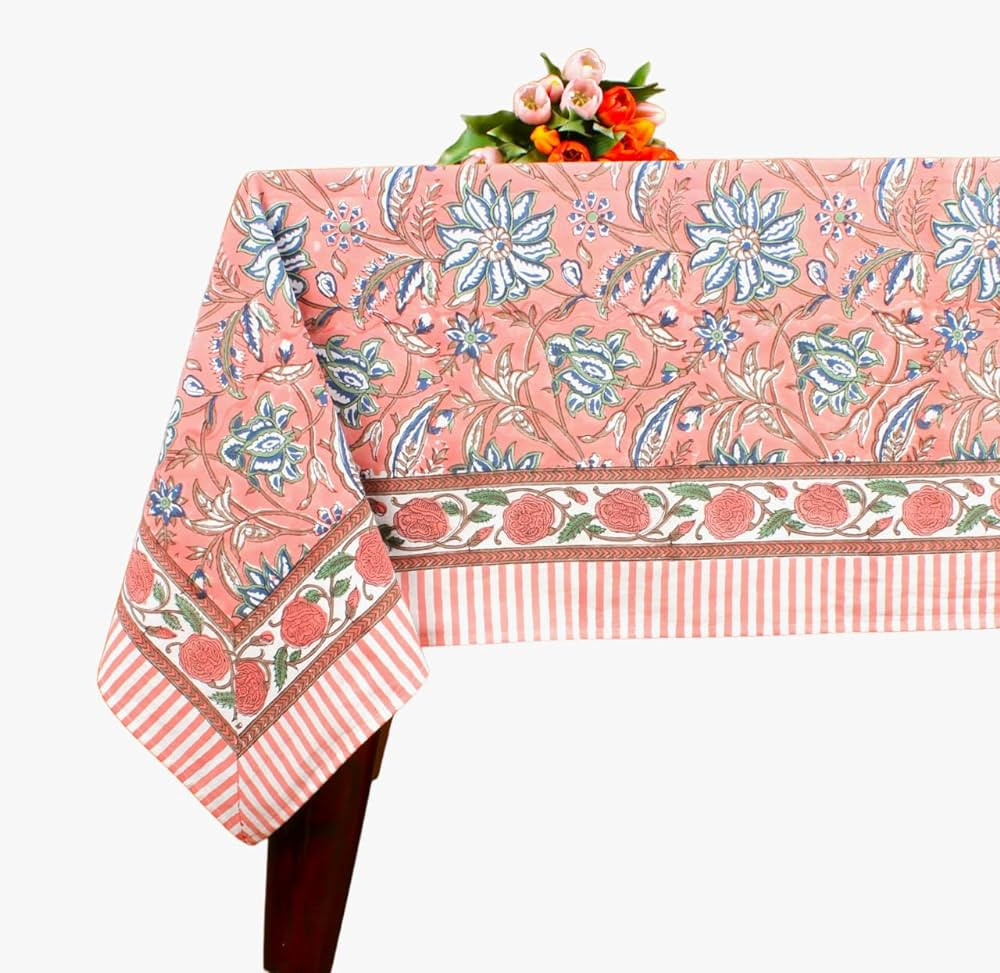 Ridhi Peach and Berry Blue Hand Block Print Cotton Cloth Dinning Table Cover Wedding Farmhouse Th... | Amazon (US)