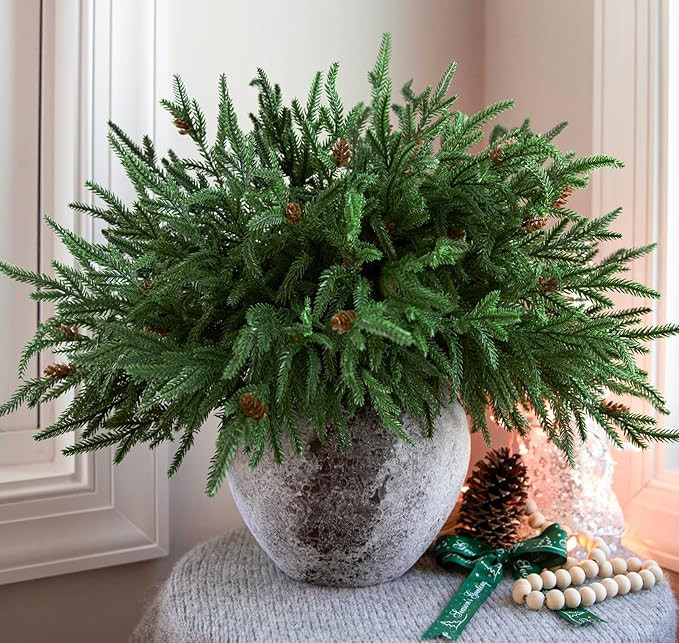 12PCS Norfolk Pine Stems,17" Christmas Real Touch Artificial Pine Branches,Faux Pine Needles with... | Amazon (US)