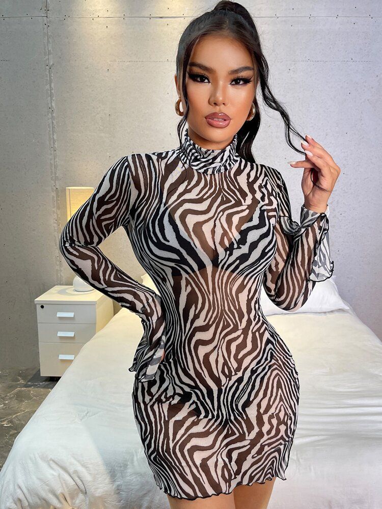 SHEIN Zebra Striped See Through Split Hem Mesh Bodycon Dress Without Lingerie | SHEIN
