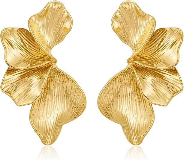Chunky Gold Statement Earrings For Women Gold Plated Sectored Flower Leaf Shell Angel Wing Earrin... | Amazon (US)