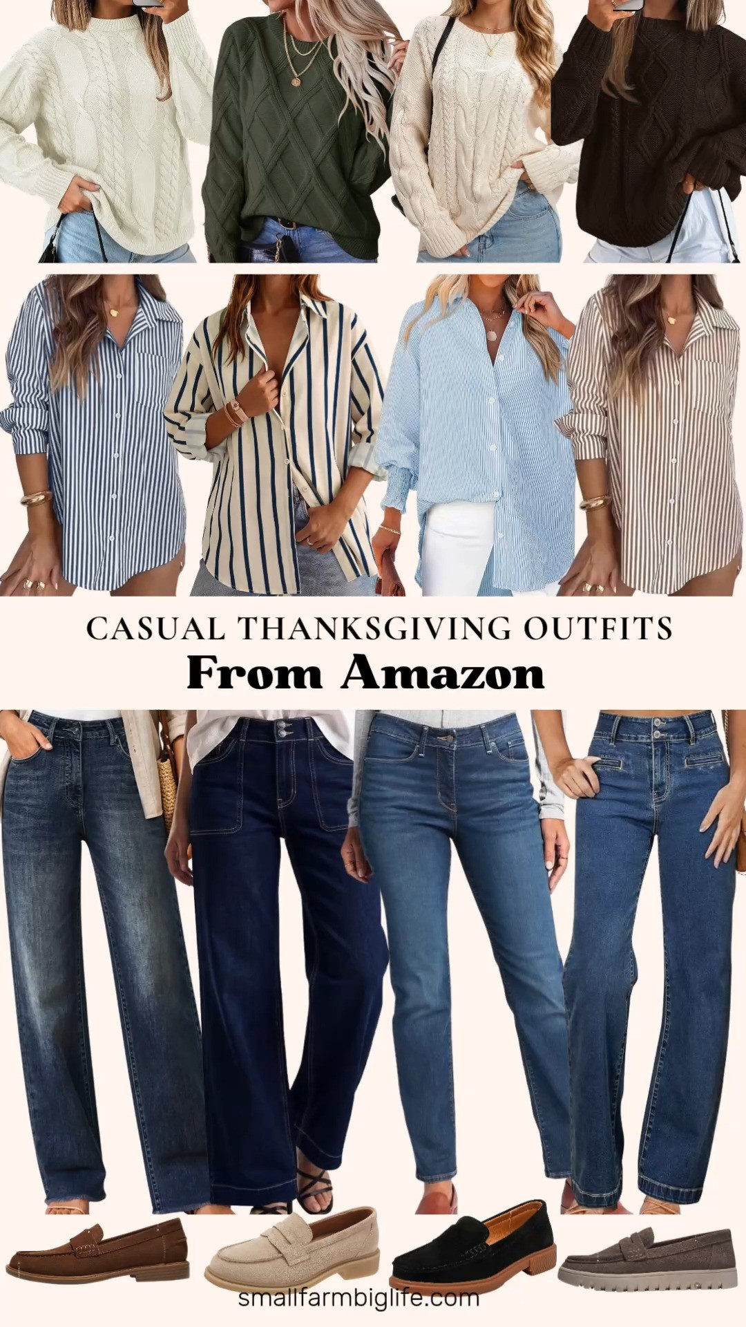 🦃 Casual Thanksgiving Outfits From Amazon

These casual Thanksgiving outfits pair straight leg jeans with a cozy cable knit sweater and comfortable suede loafers, a relaxed look that still feels pulled together for family dinner. For jeans, choose vintage blue or vintage dark blue high waisted straight leg styles with tummy control and stretch, navy blue high rise jeans with front pockets, or Levi's Signature Gold mid rise shaping straight jeans in a classic medium wash. Add a chunky cable knit crewneck sweater in olive green, cream, or chocolate brown. To make it a little dressier, layer a striped button down shirt underneath so the collar and cuffs peek out. The stripes come in brown and white, dark blue and white, blue and white, and beige and navy in an oversized boyfriend fit. Finish with fall shoes like suede loafers in tobacco or mushroom, beige penny loafers, or black suede penny loafers, all comfortable enough for a long day of cooking and visiting. These easy pieces make comfortable fall outfits for women over 50, and they work for Friendsgiving, weekend errands, and holiday travel too.

#amazonfashion #amazonfinds #thanksgivingoutfit #falloutfits #cableknitsweater 

 #LTKgrwm #LTKootd #LTKOver40