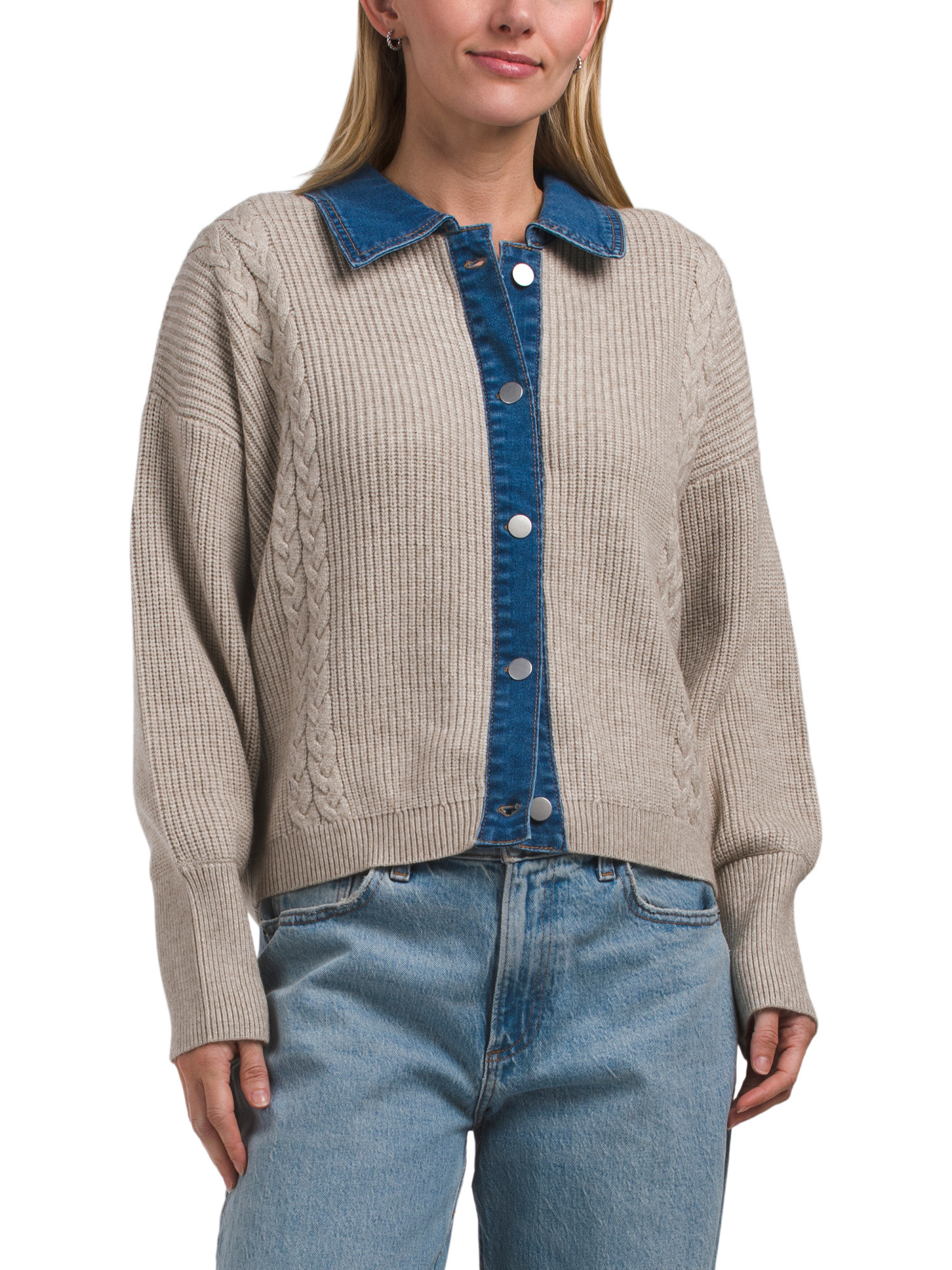 Cable Cardigan With Denim Details | TJ Maxx