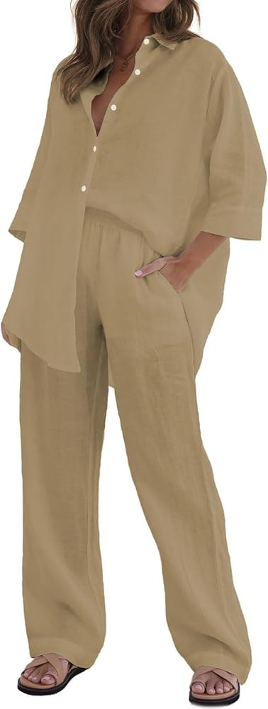 RAISECOM Women's 2 Piece Outfits Sets Button Down Half Sleeve Shirts and Long Pants Summer Casual... | Amazon (US)