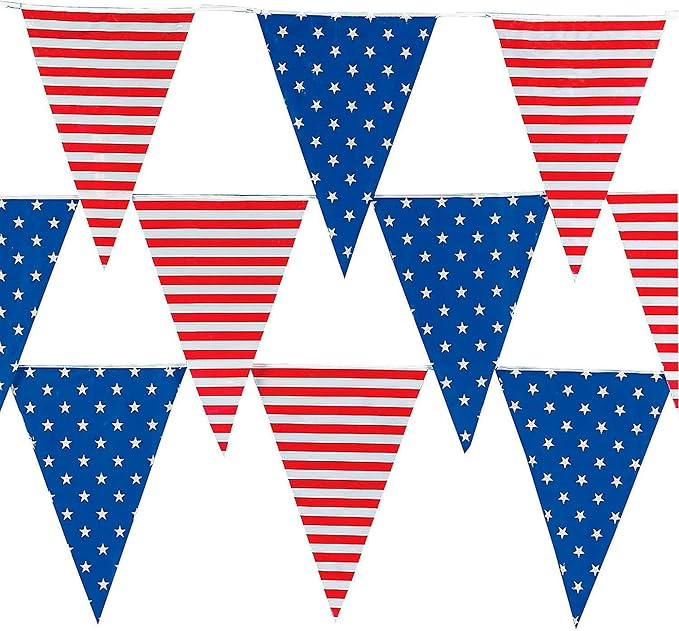 Fun Express 4th of July Decorations Outdoor Patriotic Banner - 100 Ft Red White Blue Pennant Flag... | Amazon (US)