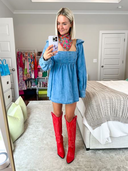 Nashville outfit / country concert outfit / denim tunic dress (size UP for dress length) / red western boots / red cowboy boots / floral neck scarf 

#LTKFestival #LTKSeasonal #LTKstyletip
